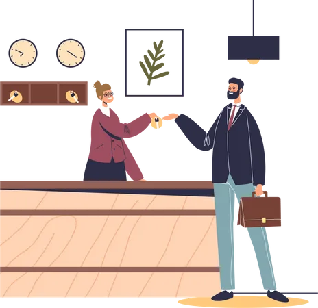 Male visitor checking in hotel at reception in lobby  Illustration