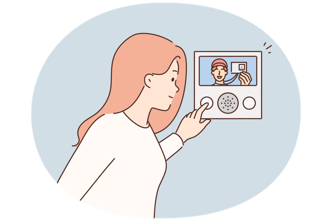 男性の訪問者がIDカードを見せて建物に入る  イラスト