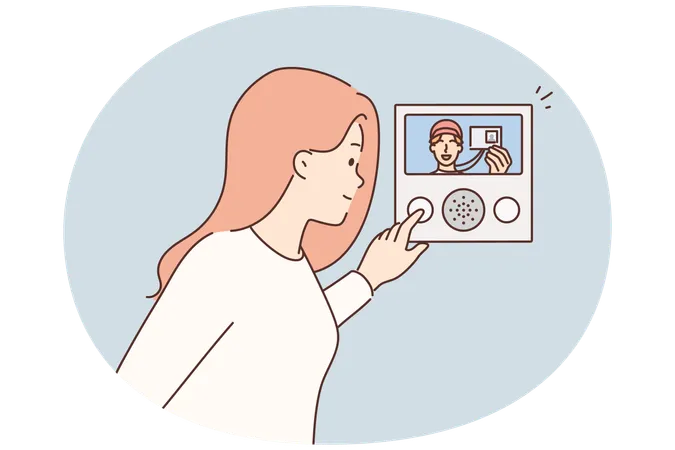 男性の訪問者がIDカードを見せて建物に入る  イラスト