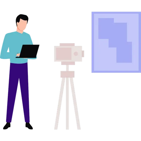 The Boy Is Standing Next To A Video Tripod Illustration