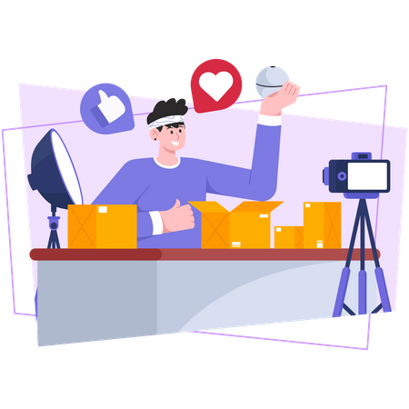 Male vlogger unboxing product  Illustration