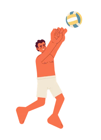 Male Volleyball Player Spiking Semi Flat Colorful Vector Character Swimwear Latino Man Jumping With Ball Editable Full Body Person On White Simple Cartoon Spot Illustration For Web Graphic Design Illustration