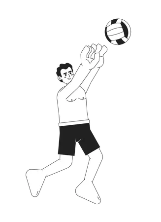 Male Volleyball Player Spiking Monochromatic Flat Vector Character Swimwear Man Jumping With Ball Editable Thin Line Full Body Person On White Simple Bw Cartoon Spot Image For Web Graphic Design Illustration