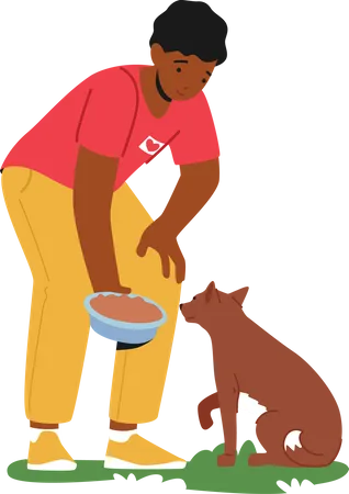 Male volunteer feeding dog in animal shelter  Illustration
