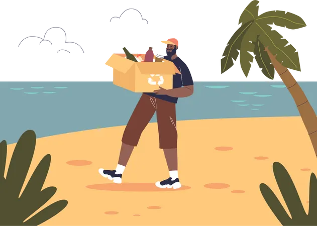 Male Volunteer Hold Box With Waste And Litter Picking Up At Beach Young Man Cleaning Sea Line From Garbage And Rubbish Environment Cleanup Concept Cartoon Flat Vector Illustration Illustration