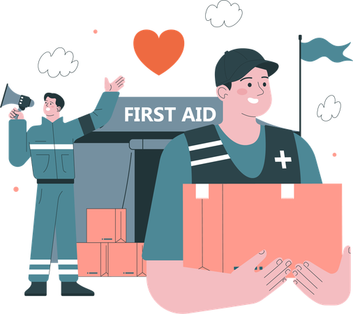 Male Volunteers announcing first aid for refugees and migrant  Illustration