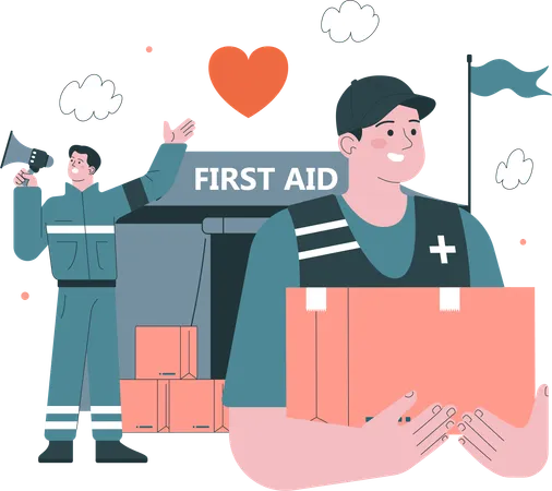 Male Volunteers announcing first aid for refugees and migrant  Illustration