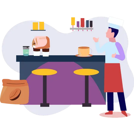 Male waiter at counter  Illustration