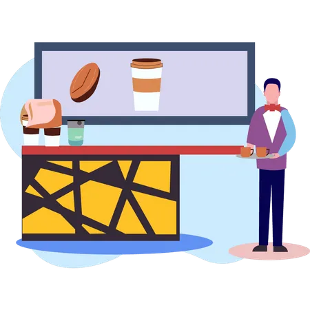 Male waiter carrying tray of coffee  Illustration