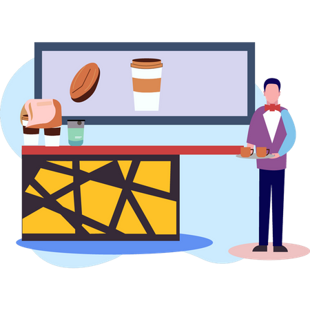 Male waiter carrying tray of coffee  Illustration