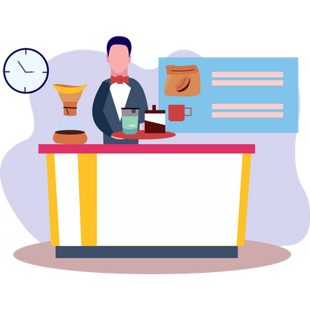 Male waiter carrying tray of coffee  Illustration