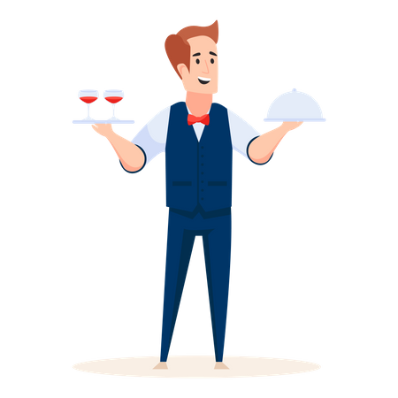 Male waiter holding drinks and food in his hand Illustration