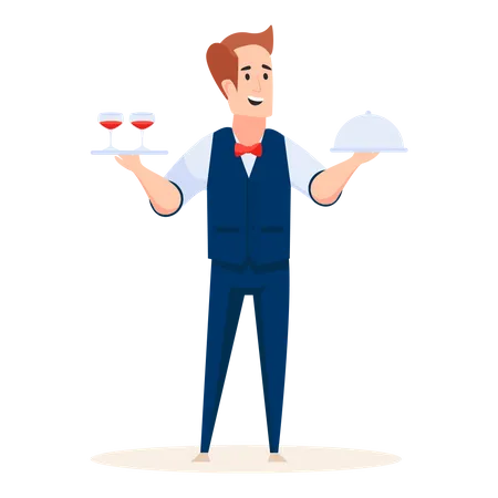 Male waiter holding drinks and food in his hand Illustration