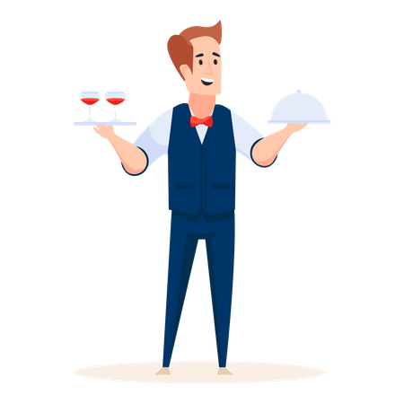 Male waiter holding drinks and food in his hand  Illustration