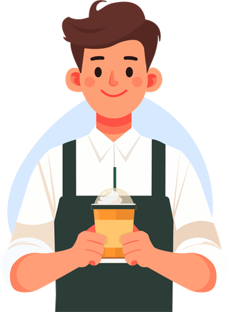 Male waiter serves coffee to customers  Illustration