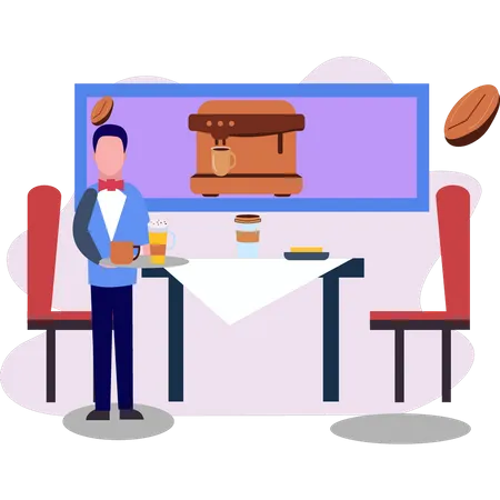 A Waiter Stands By The Table Illustration