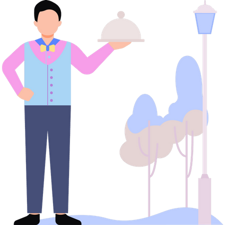 Male waiter stands with dish  Illustration