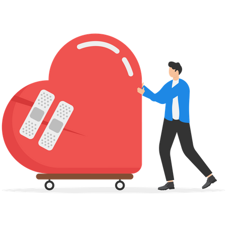 Male walking with bandage repaired heart shape  イラスト