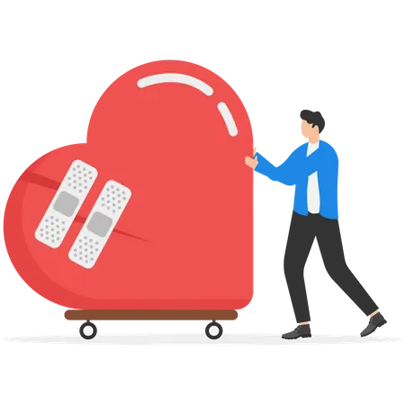 Male Walking With Bandage Repaired Heart Shape Move On Or Forget And Forgive Open For New Relationship Heal Heart Broken Or Divorce And Relationship Problem Illustration