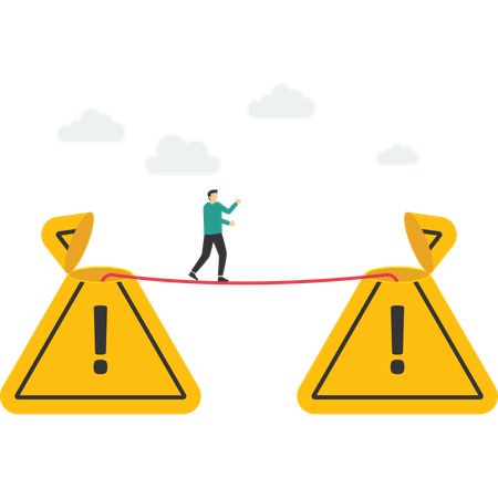 Male walks from one exclamation attention sign to another along a tightrope  Illustration