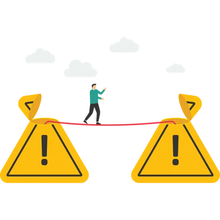 Male walks from one exclamation attention sign to another along a tightrope  Illustration