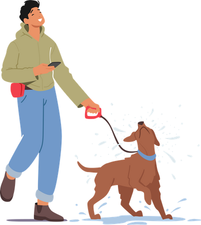 Male Walks With Dog  Illustration
