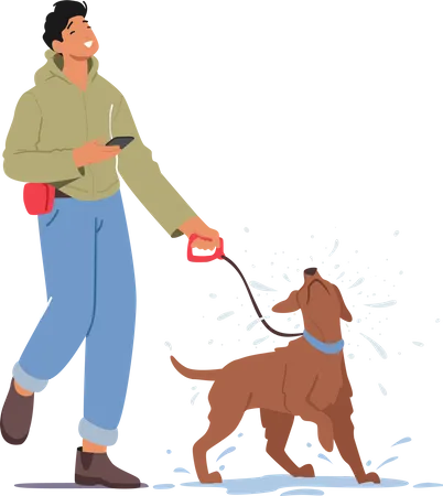 Male Character Walks With A Dog They Both Benefit From Exercise And Companionship It Provides An Opportunity For Them To Bond And Enjoy The Outdoors Together Cartoon People Vector Illustration Illustration