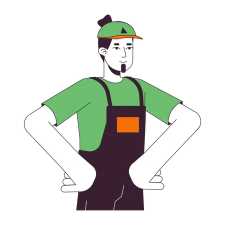 Caucasian Male Warehouse Worker Hands On Hips 2 D Linear Cartoon Character European Man Plumber Isolated Line Vector Person White Background Courier Worker Bearded Color Flat Spot Illustration Illustration