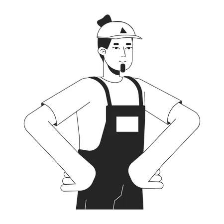 Caucasian Male Warehouse Worker Hands On Hips Black And White 2 D Line Cartoon Character European Man Plumber Isolated Vector Outline Person Courier Worker Beard Monochromatic Flat Spot Illustration Illustration
