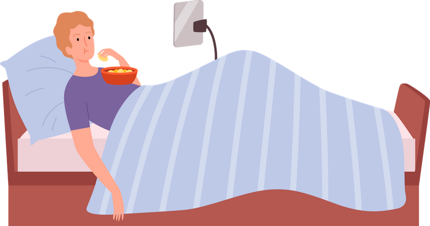 Male watching movie and eating popcorn on bed Illustration