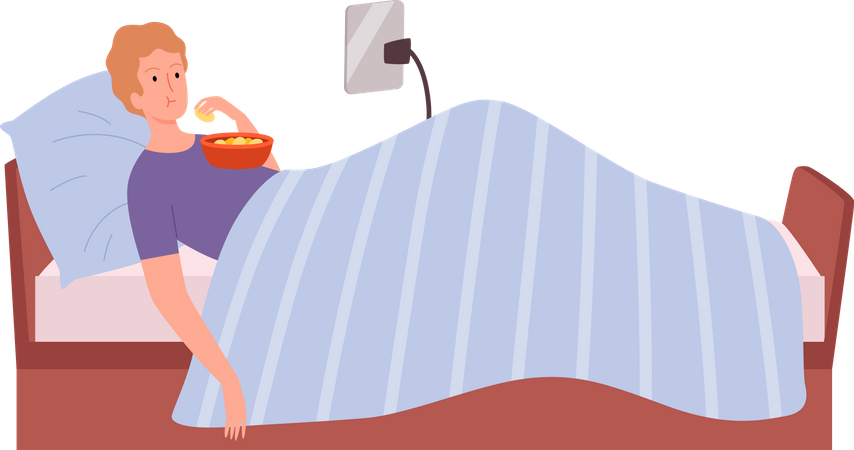 Male watching movie and eating popcorn on bed  Illustration