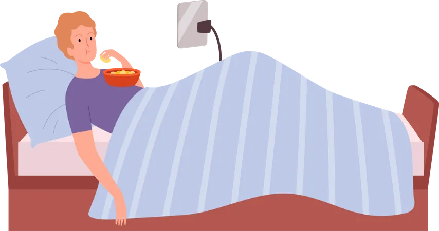 Male watching movie and eating popcorn on bed  Illustration