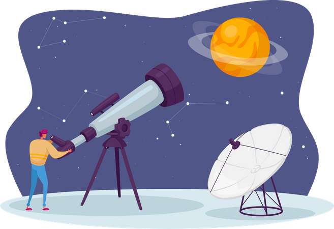 Male Watching on Space at Telescope Studying Cosmos Illustration