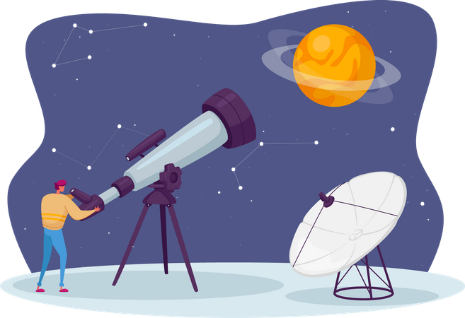 Male Watching on Space at Telescope Studying Cosmos  Illustration