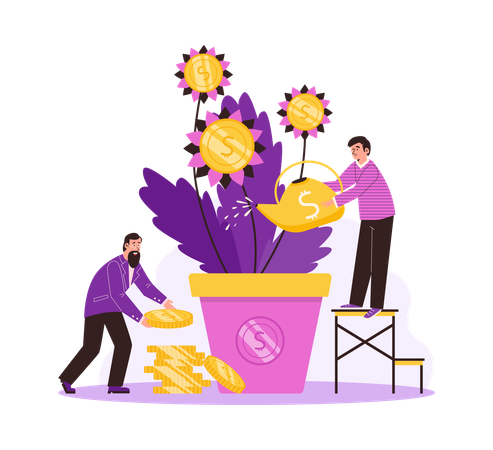 Male watering money tree and collects golden coins from plant in pot  Illustration