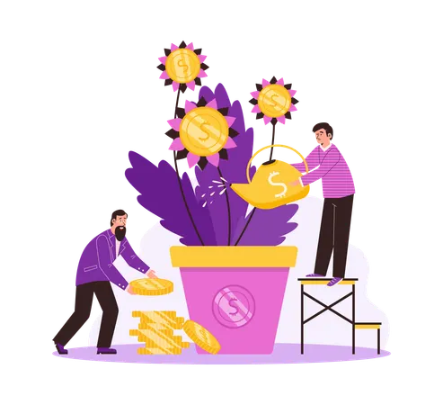 Male watering money tree and collects golden coins from plant in pot  Illustration