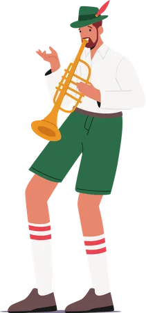 Male Wear Bavarian Costume Playing Trumpet  イラスト