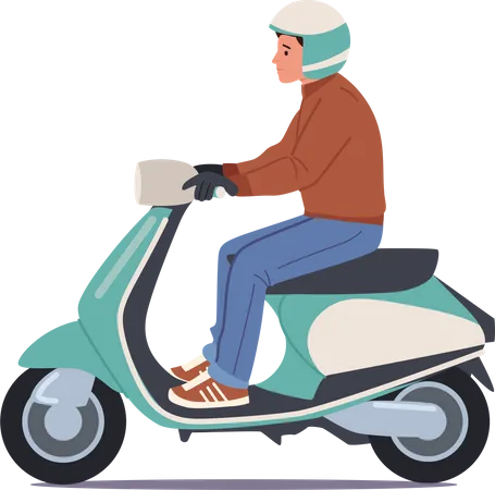 Male Wear Helmet Riding Electric Scooter Illustration