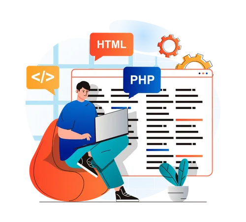 Programming Working Concept In Modern Flat Design Developer Programs In Html And Php Languages Creates Software Working At Laptop Development Optimization And Testing Apps Vector Illustration Illustration