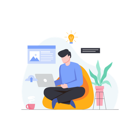 Male web developer working on beanbag  Illustration
