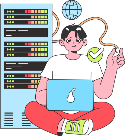 Male web developer working on data server  イラスト