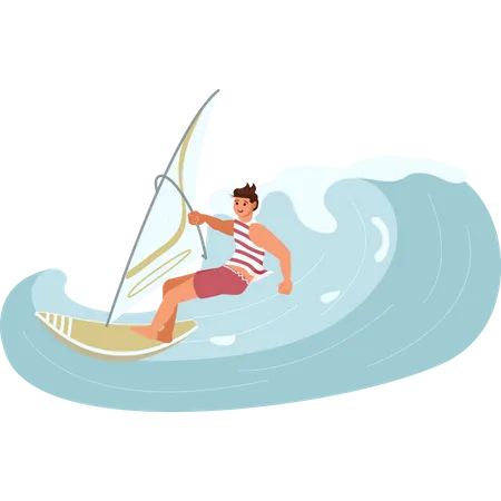 Male wind surfer rides the Barreled Rushing Wave Illustration