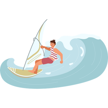 Male wind surfer rides the Barreled Rushing Wave  Illustration