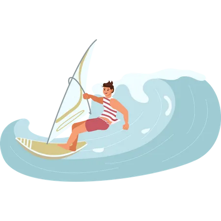 Male wind surfer rides the Barreled Rushing Wave  Illustration