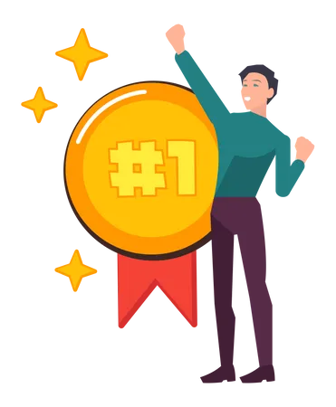 Young Joyful Man Near Gold Medal Icon Prize Sticker Isolated On White Background Happy Positive Guy Celebrating Victory And Happily Waving Her Arms Male Character Wins Prize Award In Competition Illustration