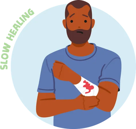 Male Character With Bleeding Arm Concept Of Delayed Recovery From Diabetes A Condition Characterized By Prolonged Wound Healing And Reduced Response To Treatment Cartoon People Vector Illustration Illustration