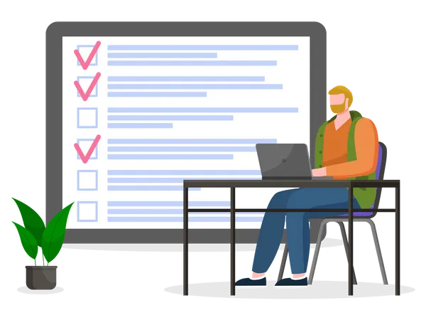 Man Sitting With Laptop Near Big Paper Clipboard With Check Marks To Do List Successful Time Management Schedule Planning Male Character With Checklist Task Planner Program On Computer Illustration