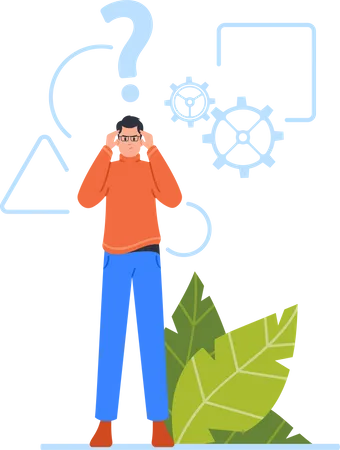 Male Character With Critical Thinking Man In Glasses With Geometrical Shapes Cogwheels And Question Mark Over Head Businessman Geek Analytic Think Process Cartoon People Vector Illustration イラスト