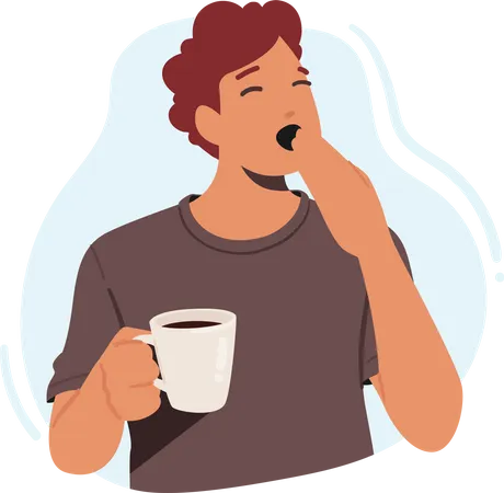 Tired Yawning Coffee Drinker Male Character With Hot Drink Cup With Source Of Energy And Refreshment Man Needs For A Boost Of Energy And Solution To Drowsiness Cartoon People Vector Illustration Illustration