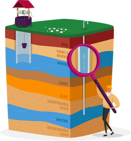 Male with Magnifying Glass Presenting Earth Layers  Illustration